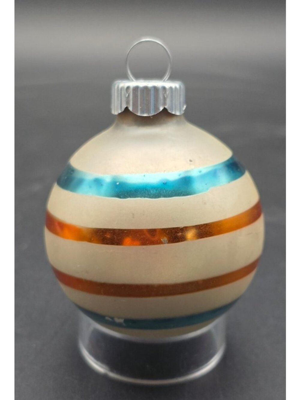 Vintage MCM Striped Retro Shiny Brite 2" Christmas Ornament Teal Orange